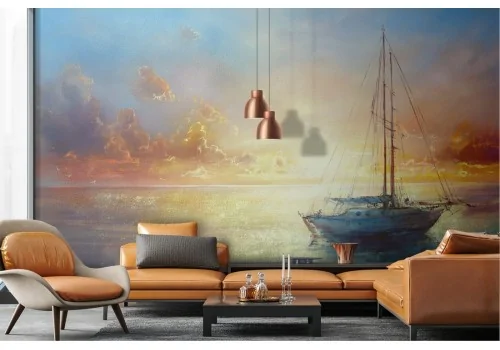 Wallpaper painted sea with boat at sunset dawn 2