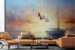 Wallpaper painted sea with boat at sunset dawn