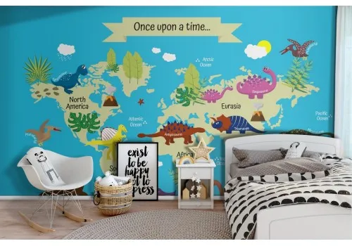 Stylized world map wallpaper with dinosaurs