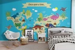 Stylized world map wallpaper with dinosaurs