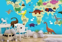 Stylized world map wallpaper with dinosaurs