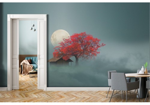 Wallpaper tree and house among the clouds abstract landscape