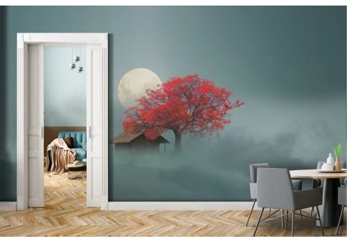 Wallpaper tree and house among the clouds abstract landscape