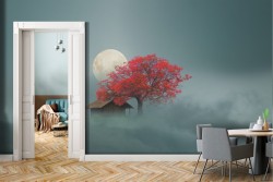 Wallpaper tree and house among the clouds abstract landscape