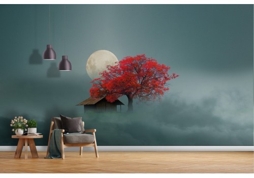 Wallpaper tree and house among the clouds abstract landscape 2