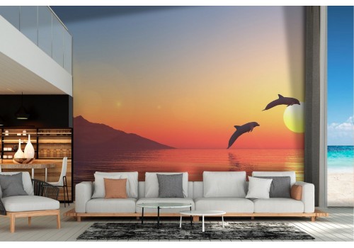 Wallpaper sea with dolphins landscape sunset dawn