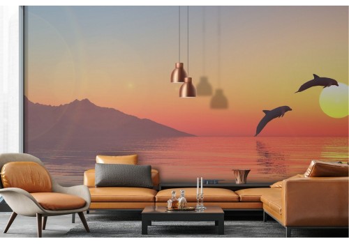 Wallpaper sea with dolphins landscape sunset dawn 2