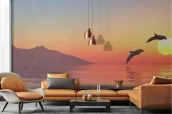 Wallpaper sea with dolphins landscape sunset dawn