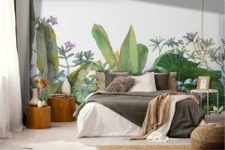 Tropical Nature Leaves and Flowers Wallpaper