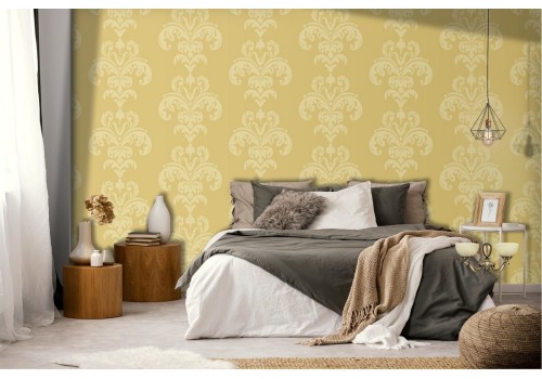 Vintage yellow damask wallpaper.