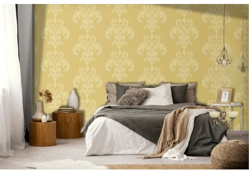 Vintage yellow damask wallpaper.