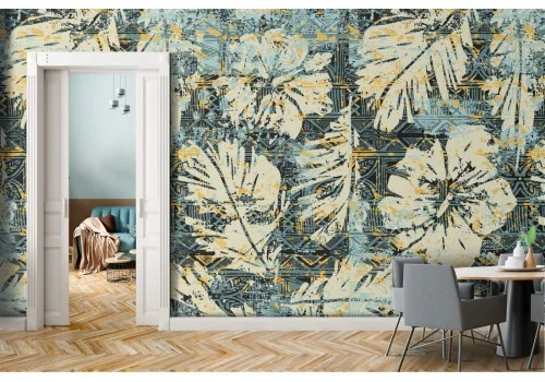 Modern nature wallpaper with tropical flowers and leaves.