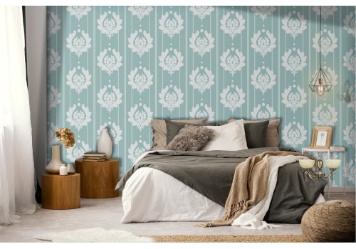 Vintage damask wallpaper in light blue.