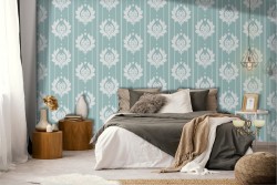 Vintage damask wallpaper in light blue.