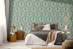 Vintage yellow damask wallpaper.