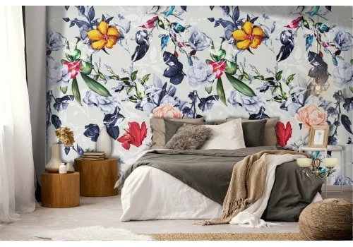 Carta da Parati fiori bianchi natura vintage pattern.