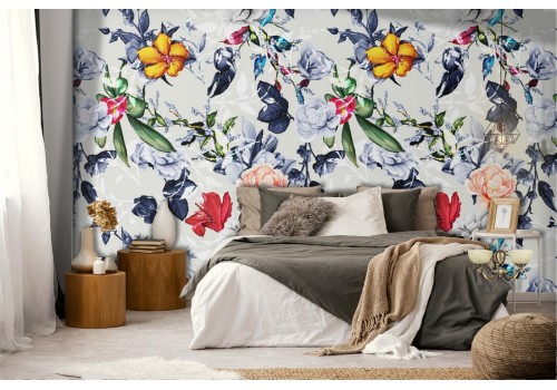 White flowers vintage nature pattern wallpaper.