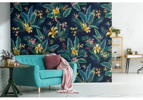 Modern nature wallpaper with tropical flowers and leaves.634