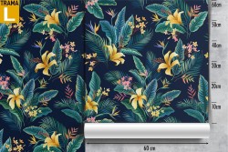 Modern nature wallpaper with tropical flowers and leaves.