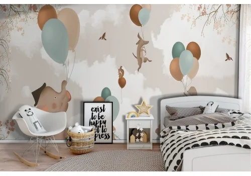Children's wallpaper with animals and balloons