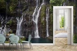 Wallpaper waterfall in the forest nature landscape