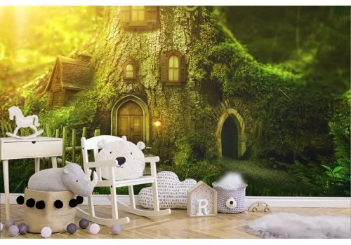 Carta da Parati casa nel bosco paesaggio fantasy