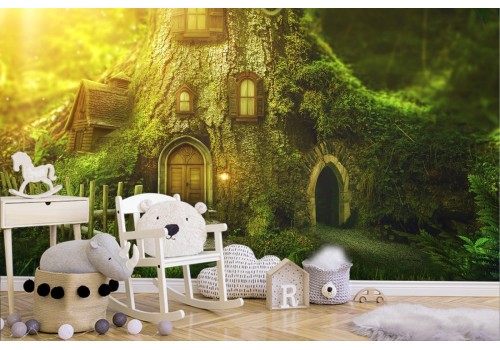 Wallpaper house in the forest fantasy landscape