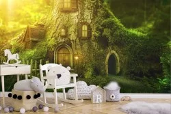Wallpaper house in the forest fantasy landscape