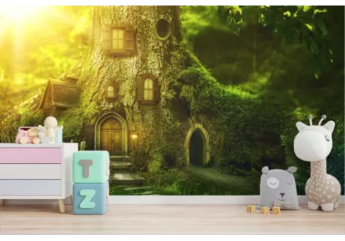 Carta da Parati casa nel bosco paesaggio fantasy 2