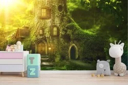 Wallpaper house in the forest fantasy landscape