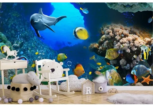 Underwater landscape wallpaper with fish and dolphins