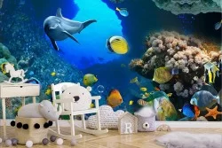 Underwater landscape wallpaper with fish and dolphins