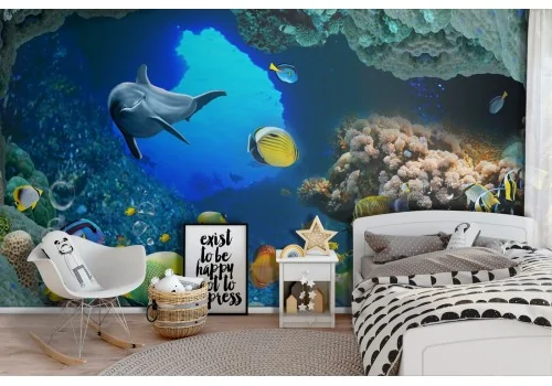 Underwater landscape wallpaper with fish and dolphins 2