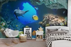 Underwater landscape wallpaper with fish and dolphins