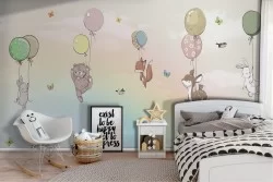Children's wallpaper with animals and balloons