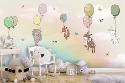 Children's wallpaper with animals and balloons