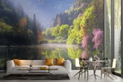 Carta da Parati paesaggio bosco con lago