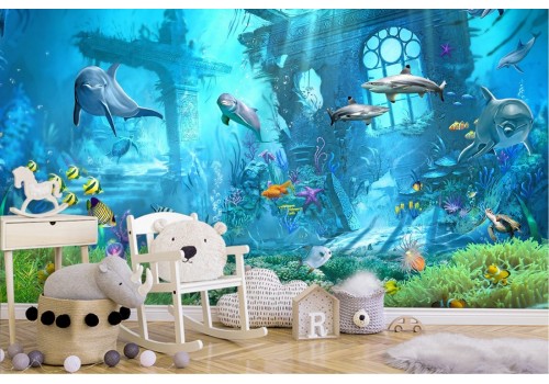 Underwater landscape wallpaper with fish and dolphins