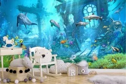 Underwater landscape wallpaper with fish and dolphins