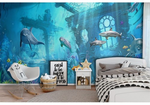 Underwater landscape wallpaper with fish and dolphins 2