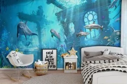 Underwater landscape wallpaper with fish and dolphins