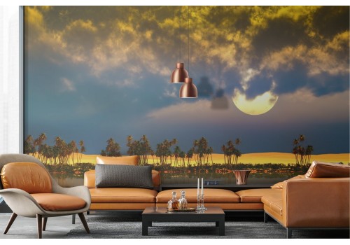 Desert oasis wallpaper at night with moon 2