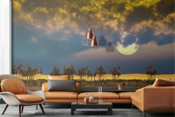 Desert oasis wallpaper at night with moon