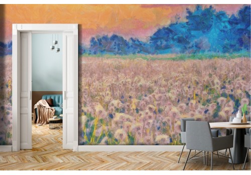 Wallpaper painted meadow with dandelions nature