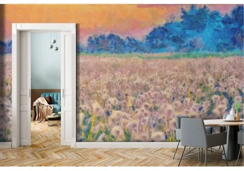 Wallpaper painted with dandelion meadow nature