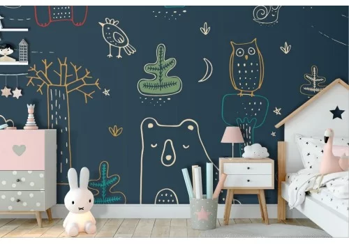 Carta da Parati animali bosco stilizzati bambini.