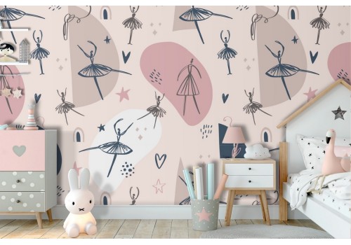 Wallpaper with stylized ballerinas for children's decoration.