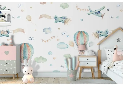 Children's Wallpaper with hot air balloons and airplanes.