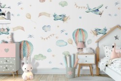 Children's wallpaper with hot air balloons and airplanes.