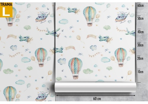 Children's wallpaper with hot air balloons and airplanes. 2
